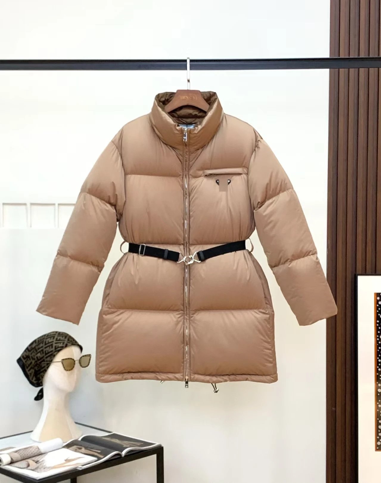 Stüssy Down Jackets Hooded quilted puffer jacket — prada-Coffee color