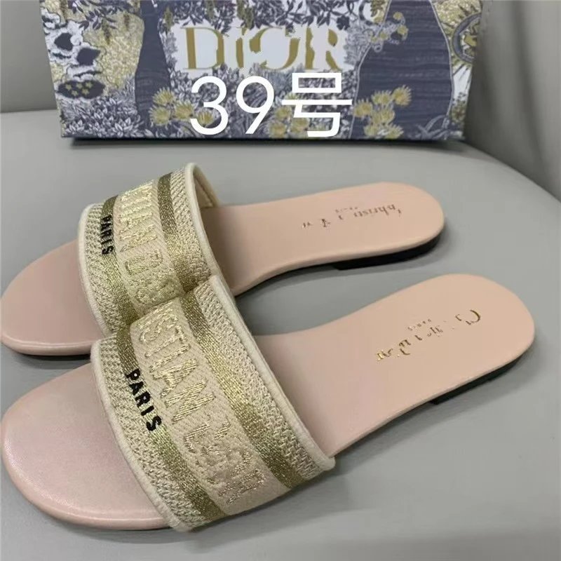 Dior Dway Slide Embroidered Gold Beige XJ04