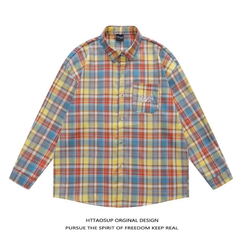 HTTAOSUP Shirts Plaid Long-Sleeve Button-Up Shirt — 01 - Yellow color 9102