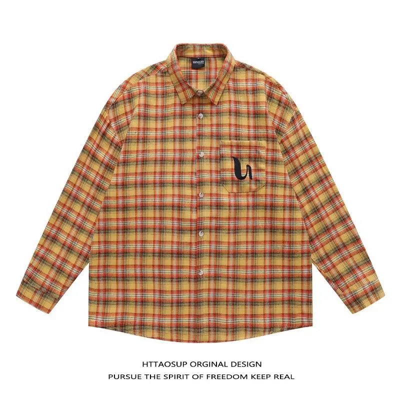HTTAOSUP Shirts Plaid Long-Sleeve Button-Up Shirt — 03 - Yellow 9103