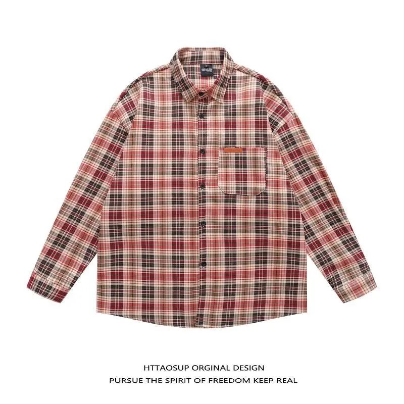 HTTAOSUP Shirts Plaid Long-Sleeve Button-Up Shirt — 32-9117 Red