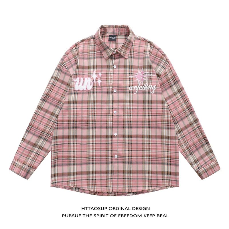 HTTAOSUP Shirts Plaid Long-Sleeve Button-Up Shirt — 02 - Pink 9109