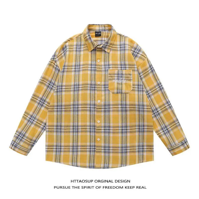 HTTAOSUP Shirts Plaid Long-Sleeve Button-Up Shirt — 18-9188 Yellow