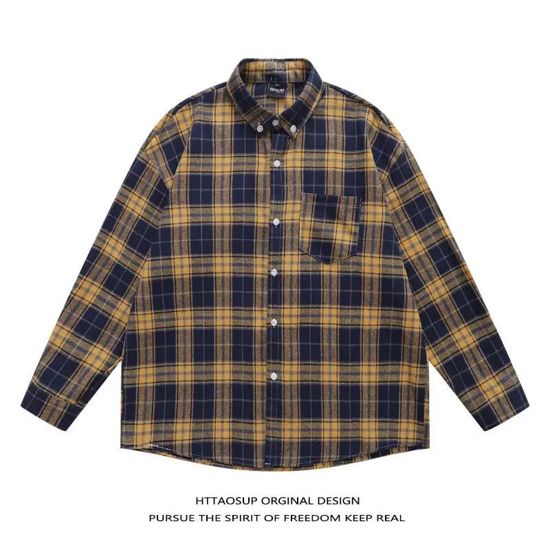 HTTAOSUP Shirts Plaid Long-Sleeve Button-Up Shirt — 14-9308 Yellow