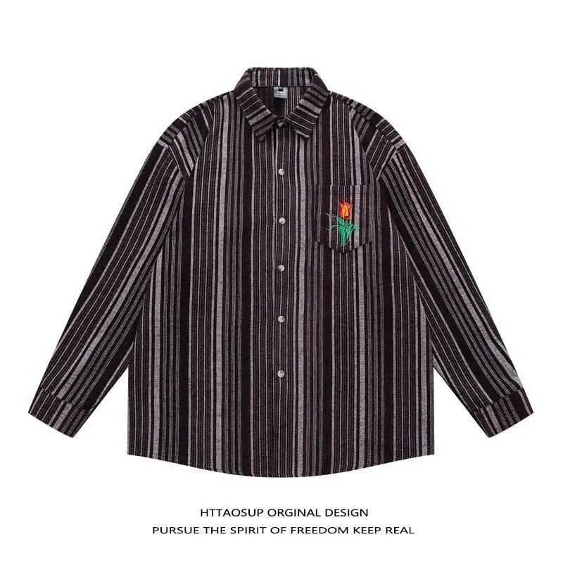 HTTAOSUP Shirts Plaid Long-Sleeve Button-Up Shirt — 25-3171 Black stripes