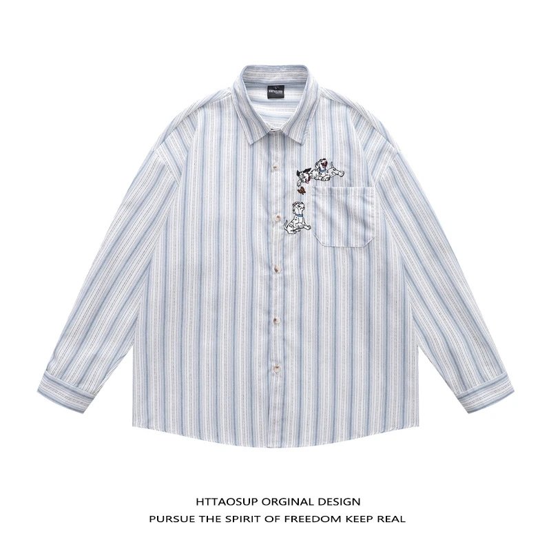 HTTAOSUP Shirts Plaid Long-Sleeve Button-Up Shirt — 36-9191 White and blue stripes