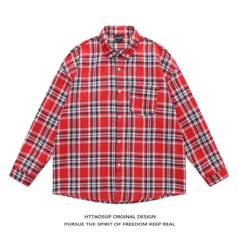 HTTAOSUP Shirts Plaid Long-Sleeve Button-Up Shirt — 16-9311 Red