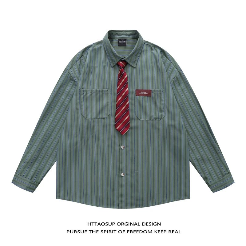 HTTAOSUP Shirts Plaid Long-Sleeve Button-Up Shirt — 22-9990 Green Tie