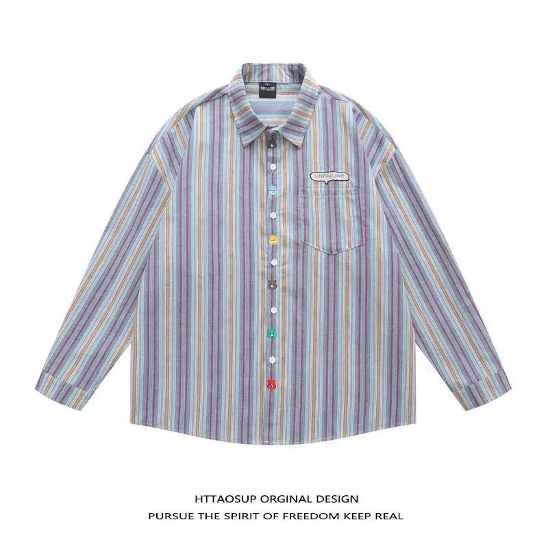 HTTAOSUP Shirts Plaid Long-Sleeve Button-Up Shirt — 35-9180 Blue stripes
