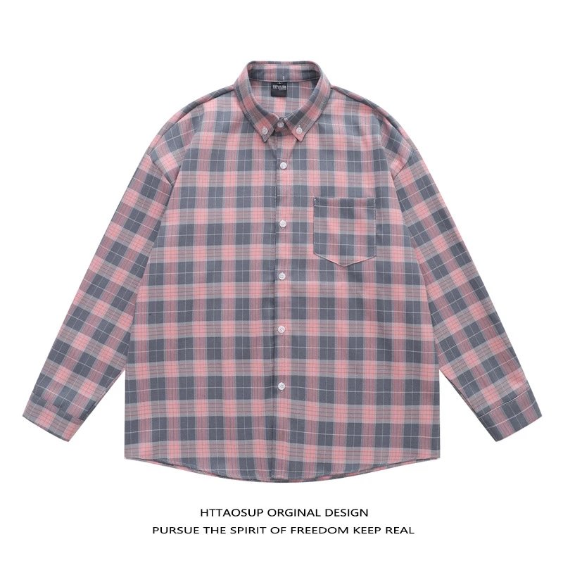HTTAOSUP Shirts Plaid Long-Sleeve Button-Up Shirt — 15-9306 Pink