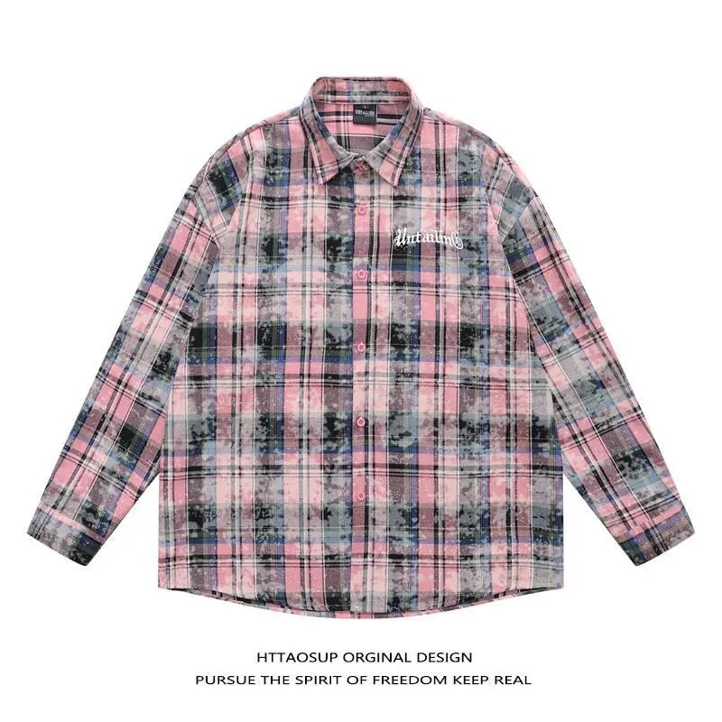 HTTAOSUP Shirts Plaid Long-Sleeve Button-Up Shirt — 09-9107 Pink