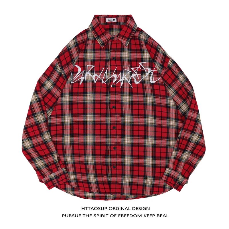 HTTAOSUP Shirts Plaid Long-Sleeve Button-Up Shirt — 05 - Wine red 8118