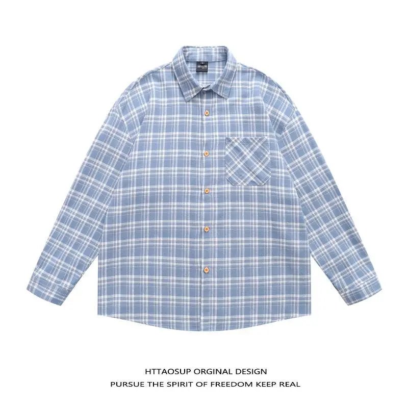HTTAOSUP Shirts Plaid Long-Sleeve Button-Up Shirt — 37-9252 Blue