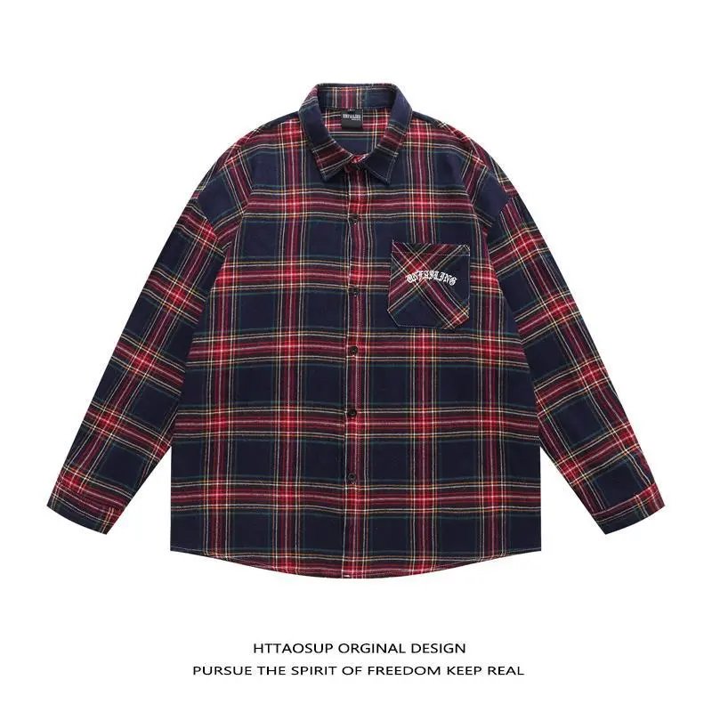 HTTAOSUP Shirts Plaid Long-Sleeve Button-Up Shirt — 07-9116 Blue