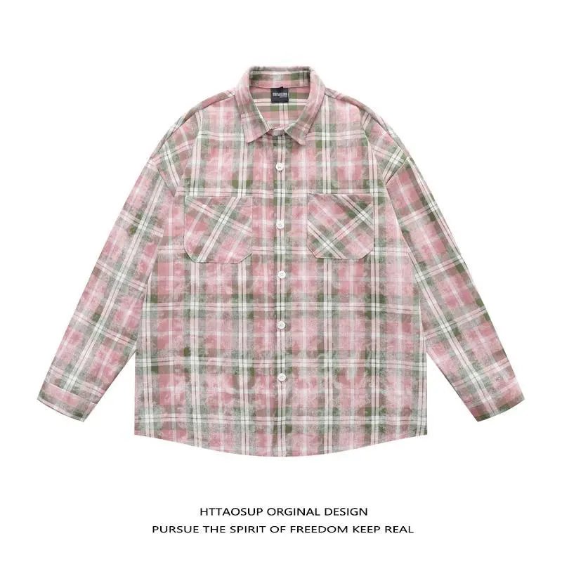 HTTAOSUP Shirts Plaid Long-Sleeve Button-Up Shirt — 38-9119 Pink