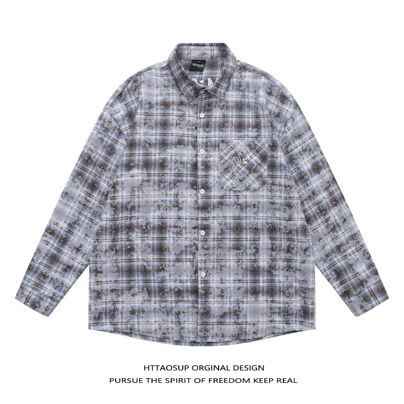HTTAOSUP Shirts Plaid Long-Sleeve Button-Up Shirt — 04 - Black Grey 9952