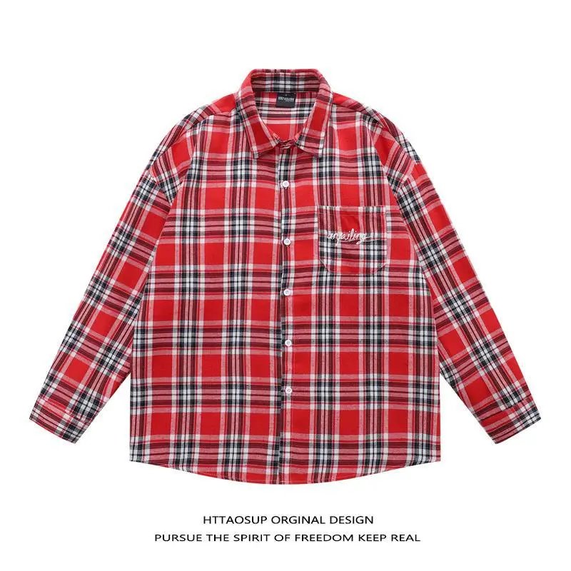 HTTAOSUP Shirts Plaid Long-Sleeve Button-Up Shirt — 17-9188 Red
