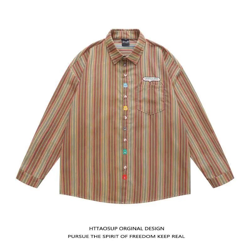 HTTAOSUP Shirts Plaid Long-Sleeve Button-Up Shirt — 34-9180 Coffee stripes