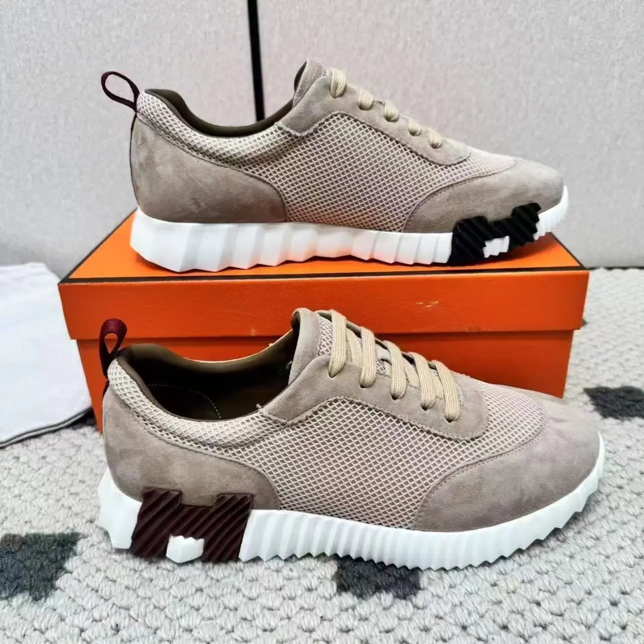 Hermès Sneakers Suede and mesh lace-up with lug soles — 12