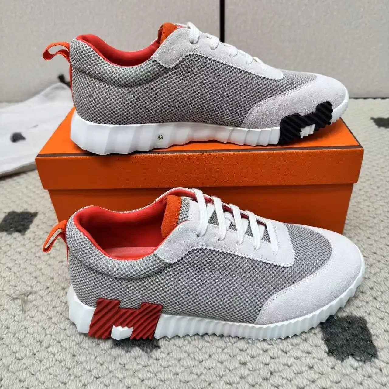 Hermès Sneakers Suede and mesh lace-up with lug soles — 23