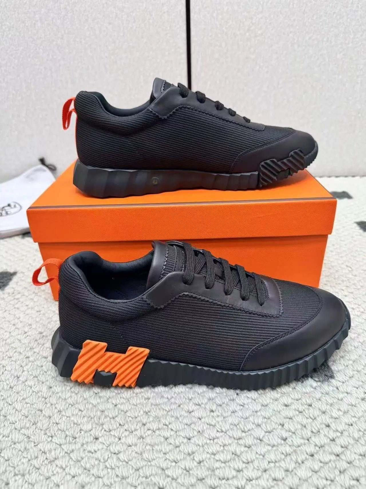 Hermès Sneakers Suede and mesh lace-up with lug soles — 26