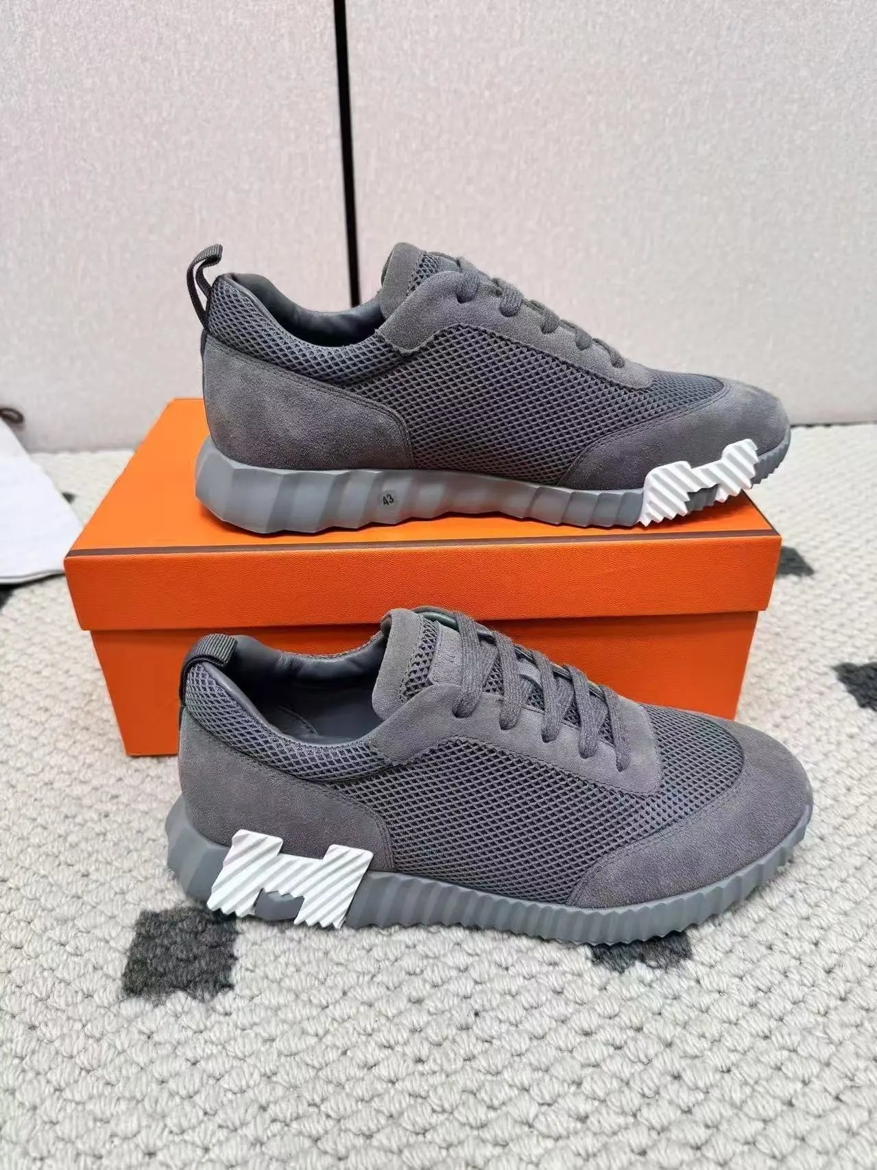 Hermès Sneakers Suede and mesh lace-up with lug soles — 25