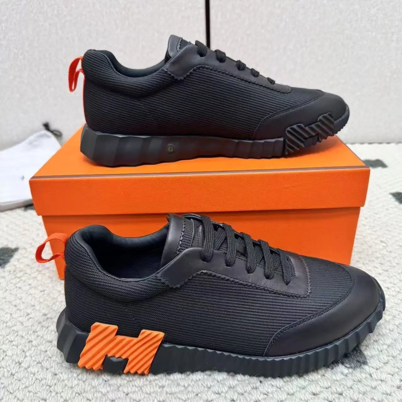 Hermès Sneakers Suede and mesh lace-up with lug soles — 31