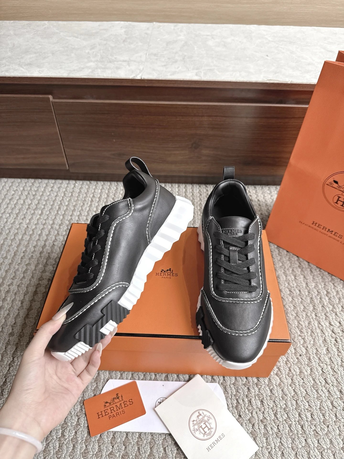 Hermes Bouncing Sneakers Leather Contrast Stitching Black