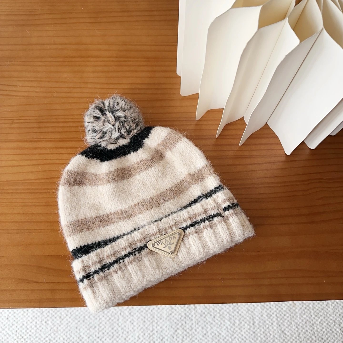Prada Hats Ribbed knit beanie with triangle logo plaque image 7