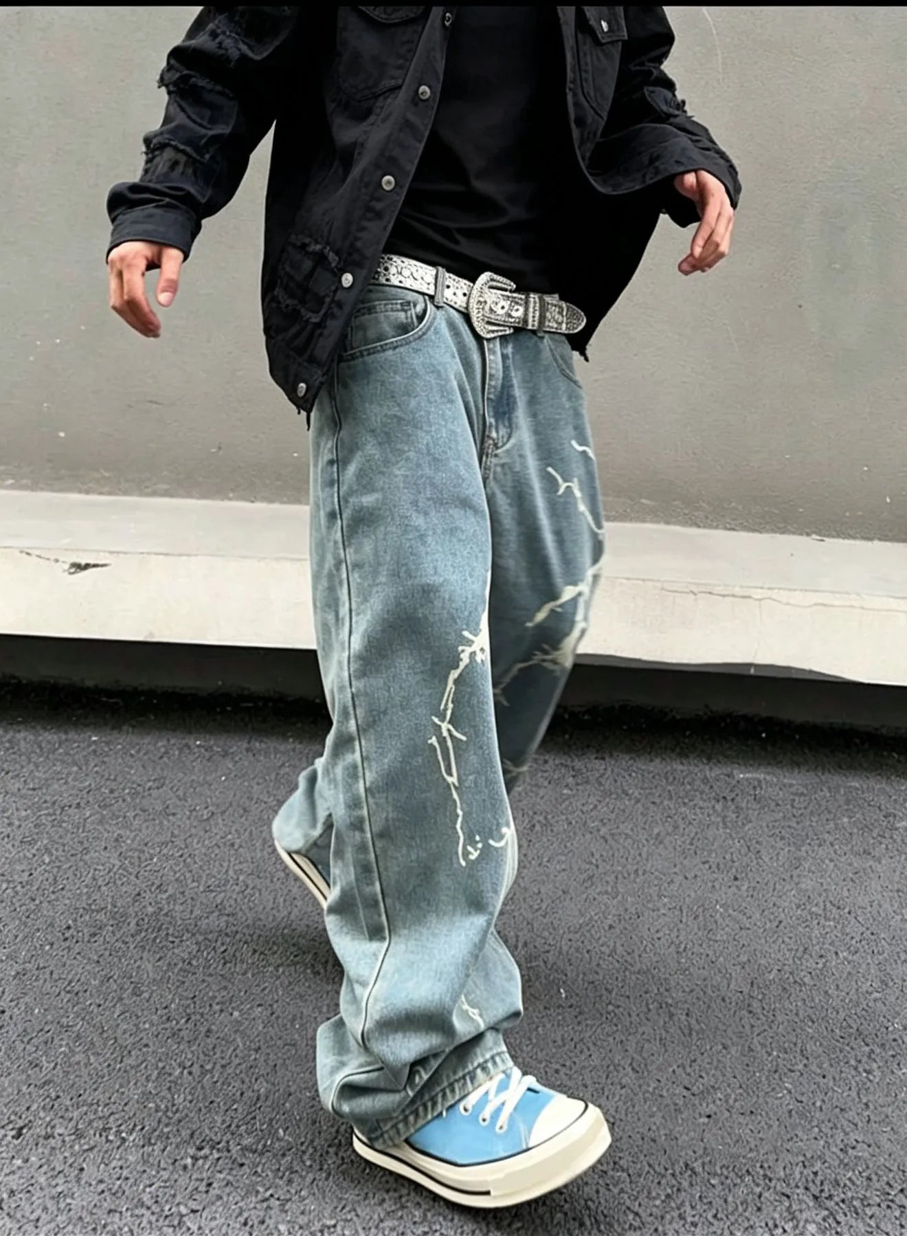 New style, trendy, lightning print, straight-leg, jeans
