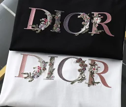thumbnail for C021281DI Dior 2022 spring and summer new flower bud embroidery letter gradient color couple models popular short-sleeved T-shirt 22208