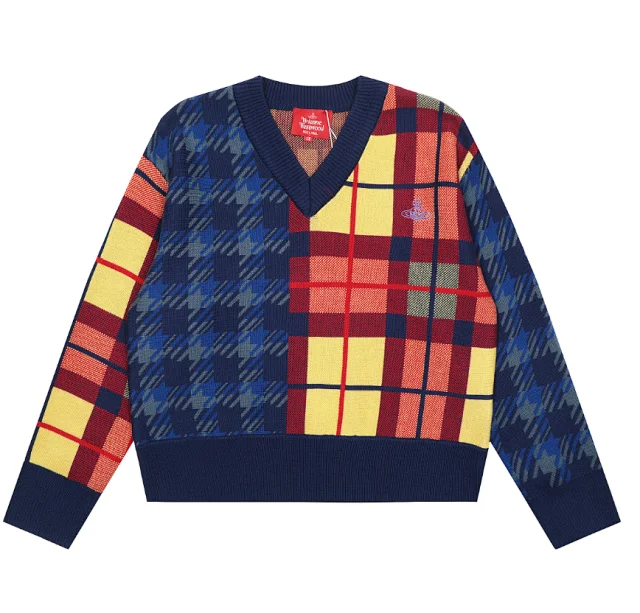 Vivienne Westwood Knitwear V-neck plaid and houndstooth knit sweater product detail image 1