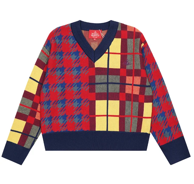 Vivienne Westwood Knitwear V-neck plaid and houndstooth knit sweater product detail image 2