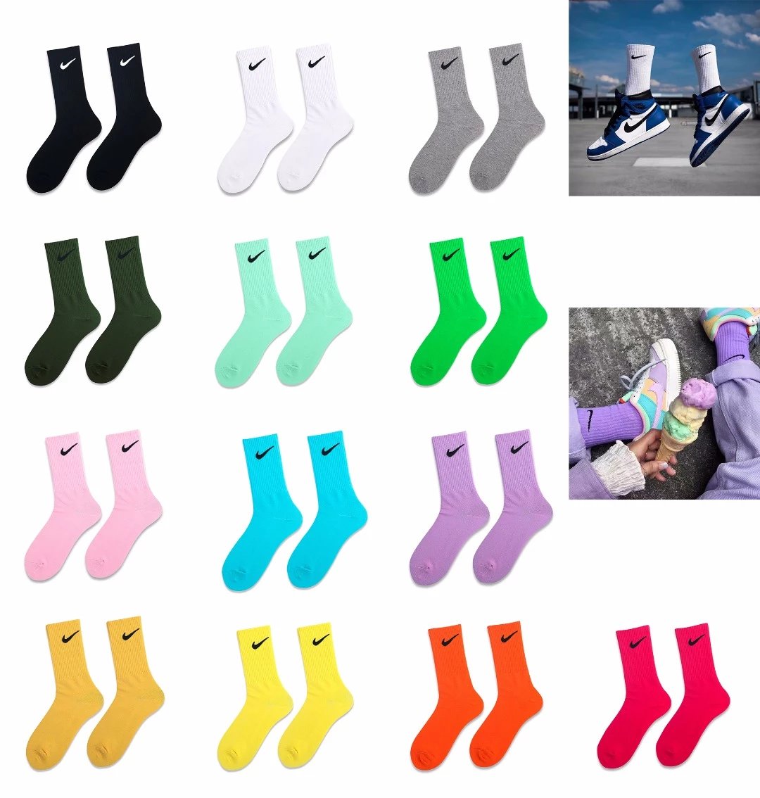 13 color mid length tube in stock! NI Nike socks candy rainbow colored long tube trendy socks high elastic pure combed cotton 12 colors, home tube socks rocket