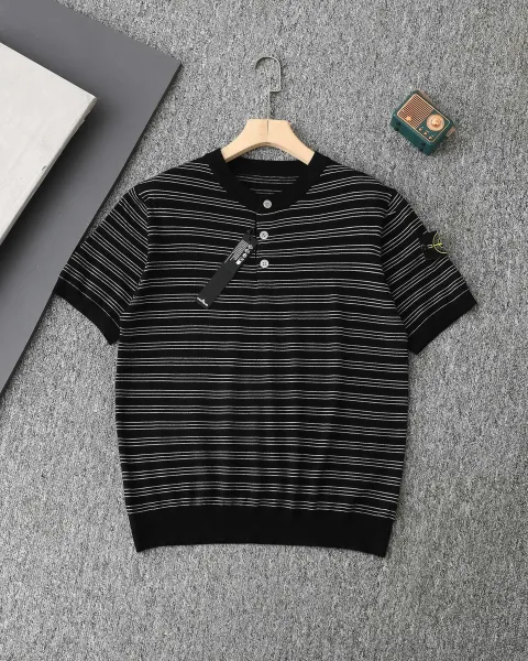 Stone Island Striped Knit Polo Black / White Polo Shirt - 1