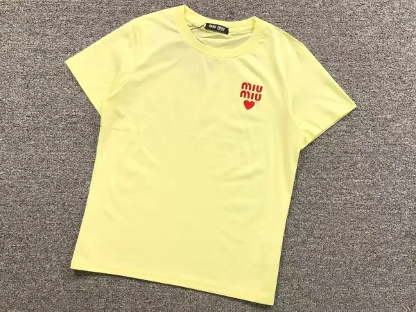 Miu Miu Logo Heart Embroidered Yellow T-Shirt - 1