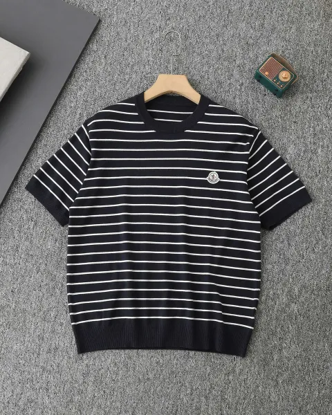 Moncler Striped Knit T-Shirt Navy and White - 1