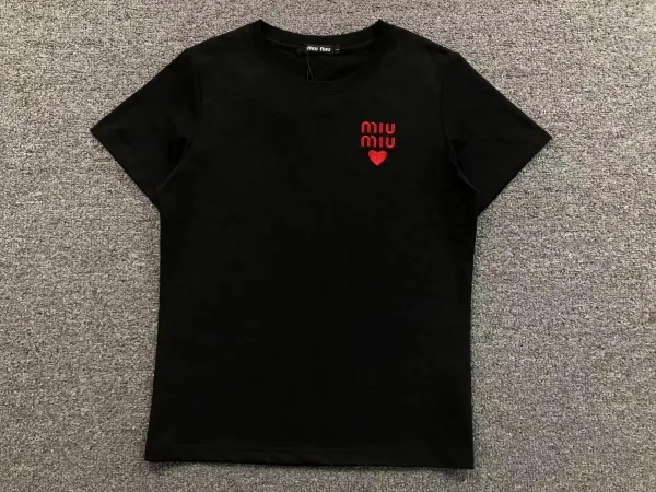 Miu Miu Logo Heart Embroidered Black T-Shirt - 1