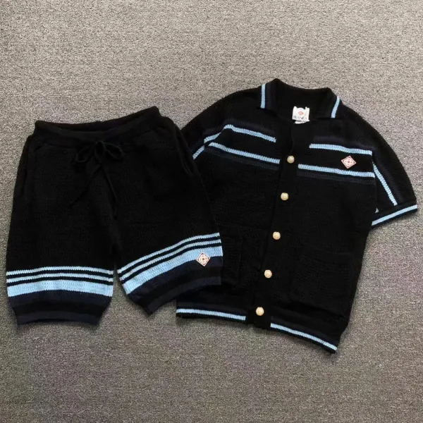 BLANCA Knit Cardigan and Shorts Set Black with Light Blue Stripes - 1