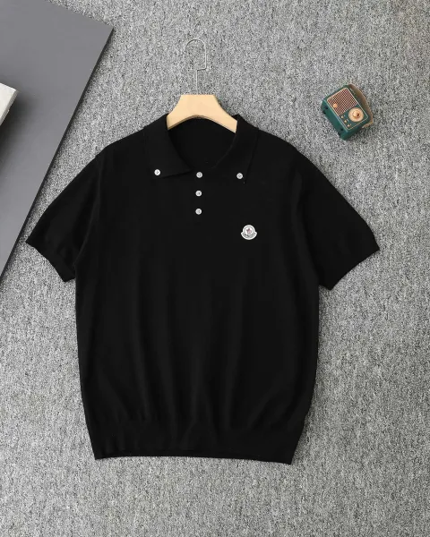 Moncler Logo Embroidered Black Knit Polo Polo Shirt - 1