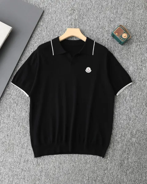 Moncler Logo-Embroidered Black Knit Polo with White Trim Polo Shirt - 1