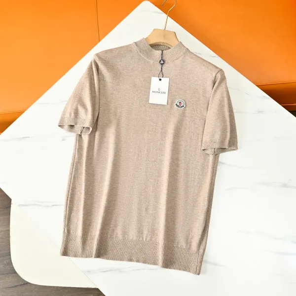 Moncler Short-Sleeve Mock Neck Knit Beige Sweater - 1