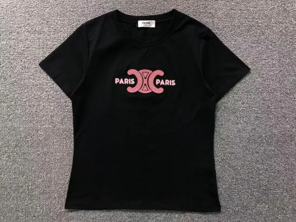 Celine Paris Logo Sequin Embroidery Black T-Shirt - 1