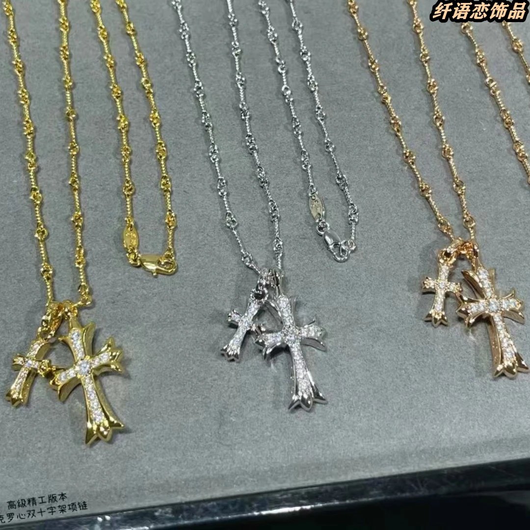 【Top Quality】Chrome Hearts Double Cross Necklace Unisex Couple Style Fashion Jewelry Charm & Elegance, Essential精致 Accent for Any Outfit, Valentine's Day Gift