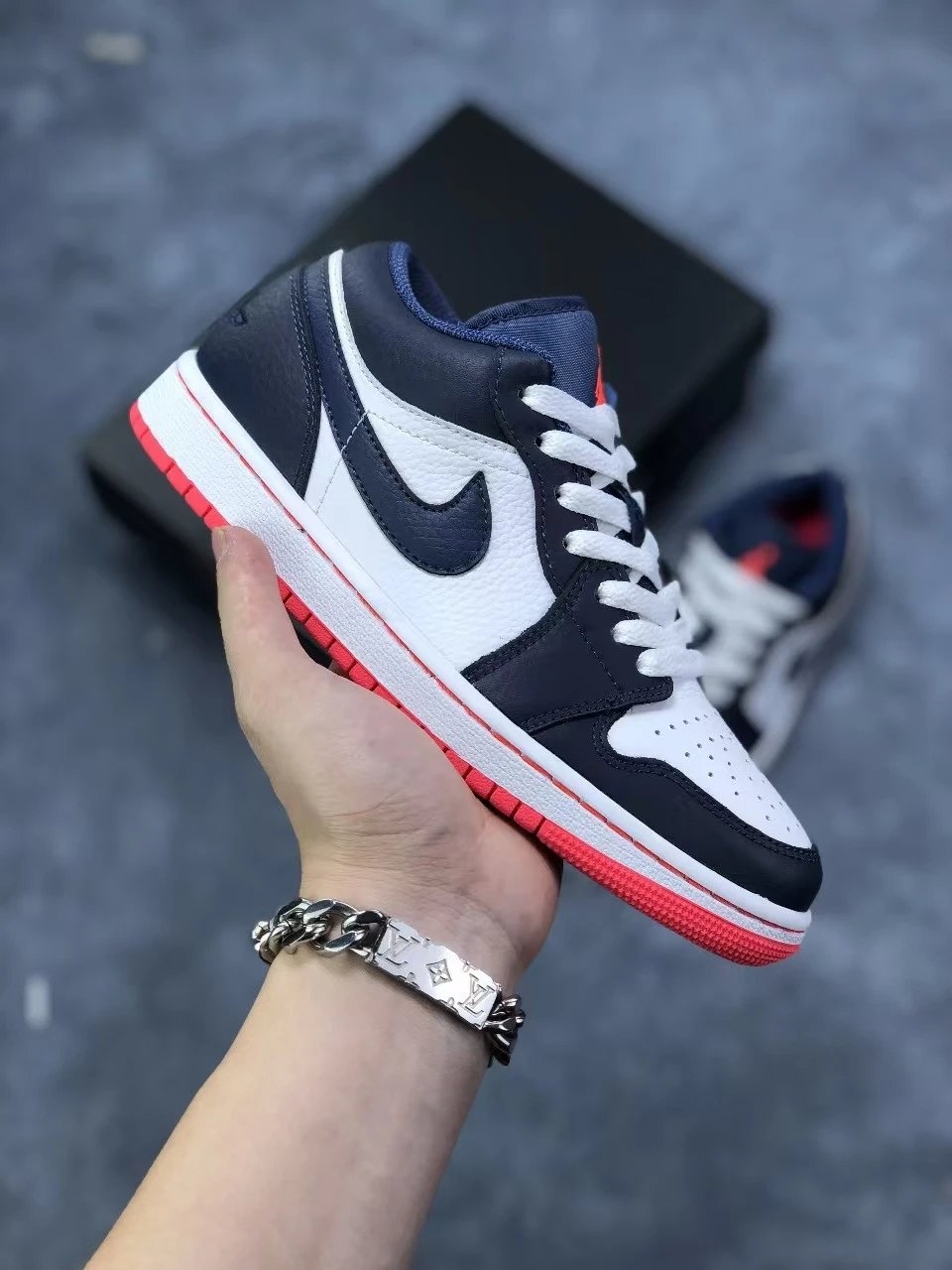 Jordan 1 Retro Low Obsidian White Red