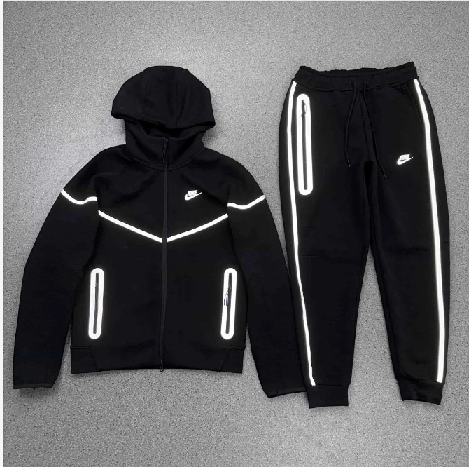 Nike Tech Fleece Reflective Black Hoodie and Sweatpants Set Tracksuit