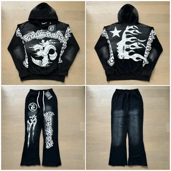 Design Om Symbol Flame Hoodie and Flared Sweatpants Set Black - 1