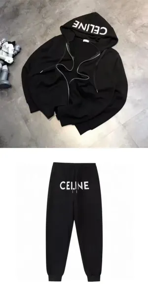 Celine Logo Hoodie and Sweatpants Set Black - 1