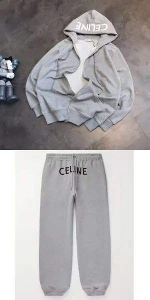 Celine Logo Hoodie and Sweatpants Set Gray - 1