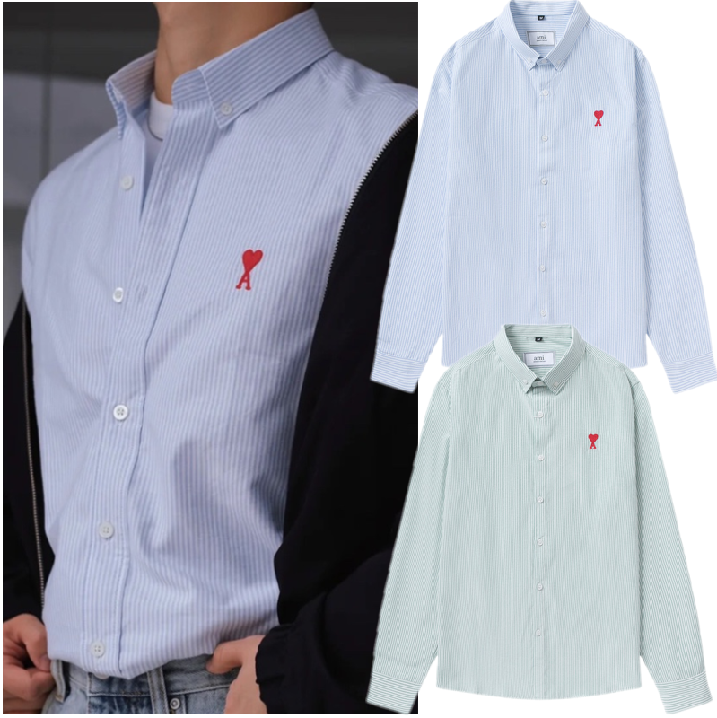 24FW fall and winter tide new AMI red love heart small A embroidery cotton oxford textile striped long-sleeved shirt men and women loose couple casual shirt